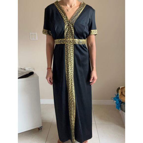 Vintage Mary-Martin Florida Black Gold Trim Short Sleeve Maxi Dress Size Small - Picture 11 of 11